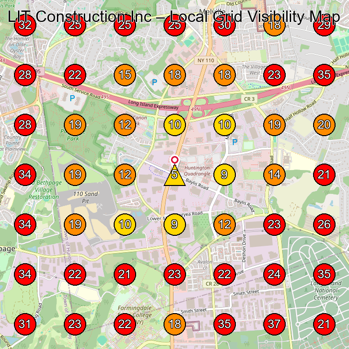 LIT Construction Inc GeoGrid visibility map for Roofing Contractor in Melville